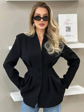 Aurohaya Women's Black Fitted Blazer Buttoned V-Neck Long Sleeve Elegant Office Jacket